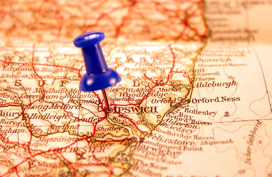 Blue Pin in Old Map of Ipswich